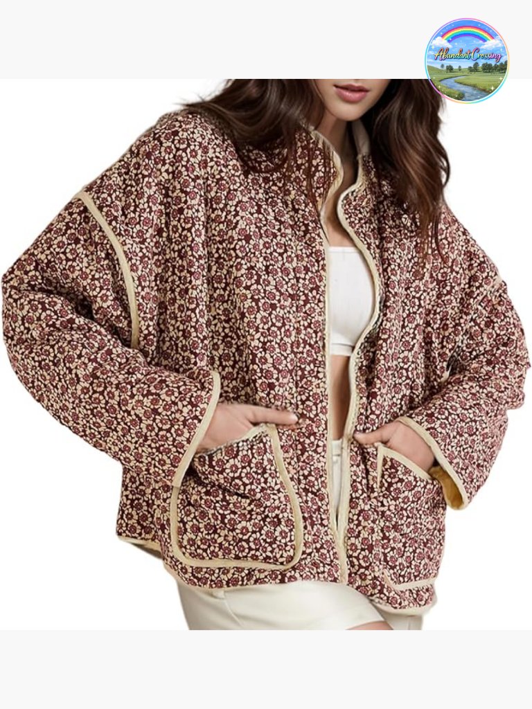 Women's Cropped Puffer Quilted Jacket Vintage Floral Print Open Front